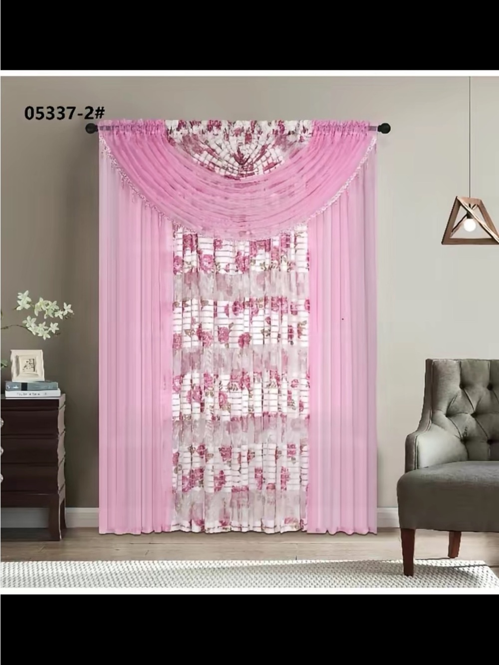 Pink Floral Layered Drapery Set with Sheer Scarf Valance